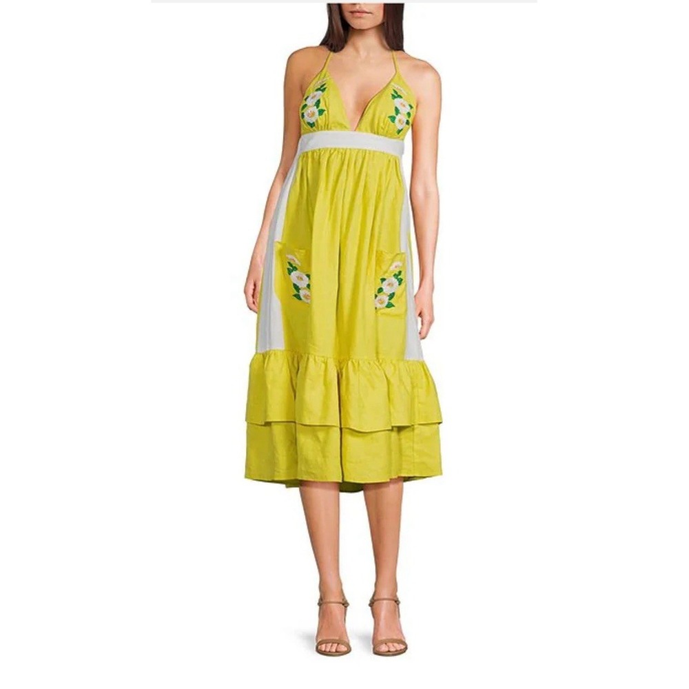 Fanm Mon Yamile Floral Embroidered Halter Tie Neck Midi Dress Size XS‎